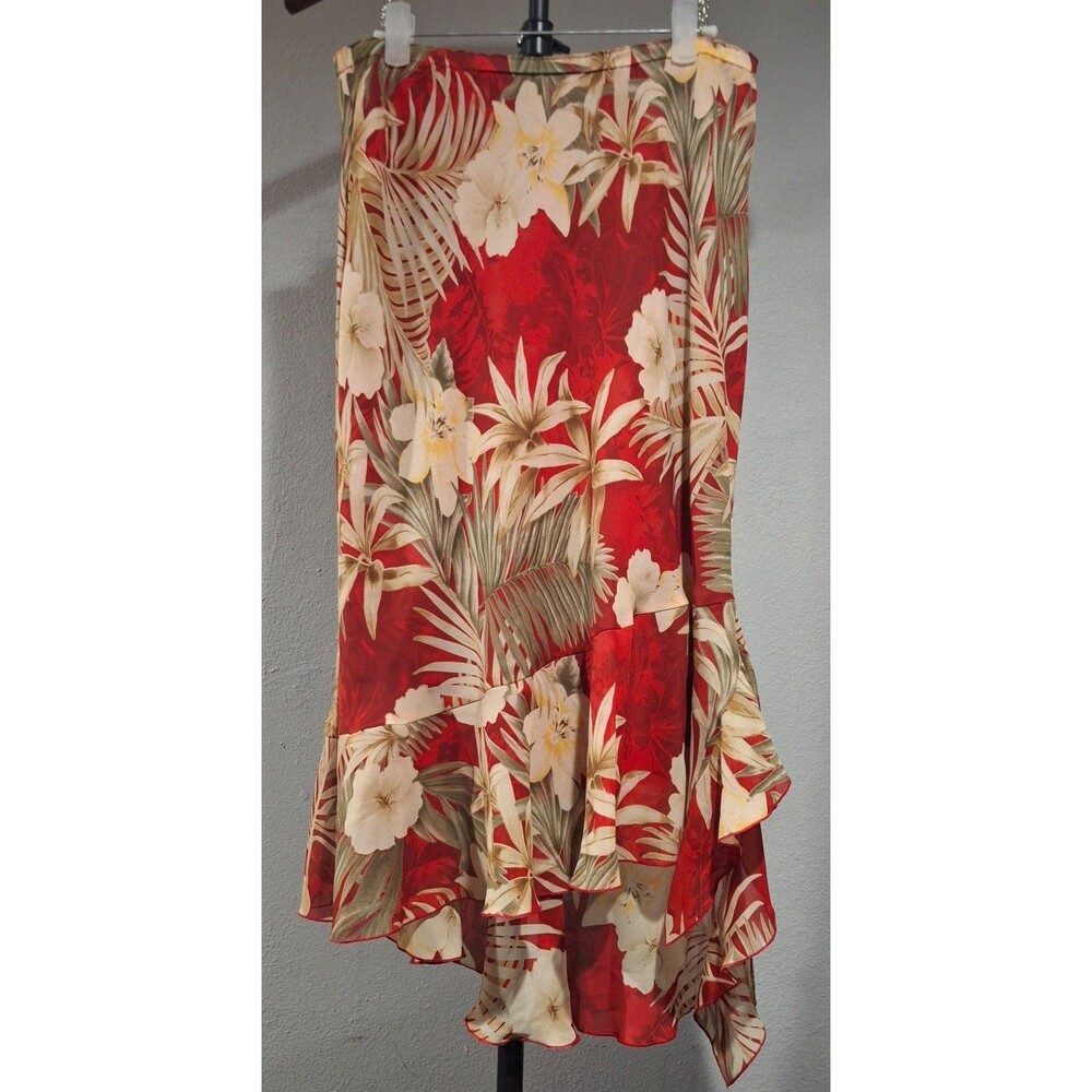 T & Company Red Tropical Floral Ruffle Hem Midi Skirt Lined Size Medium